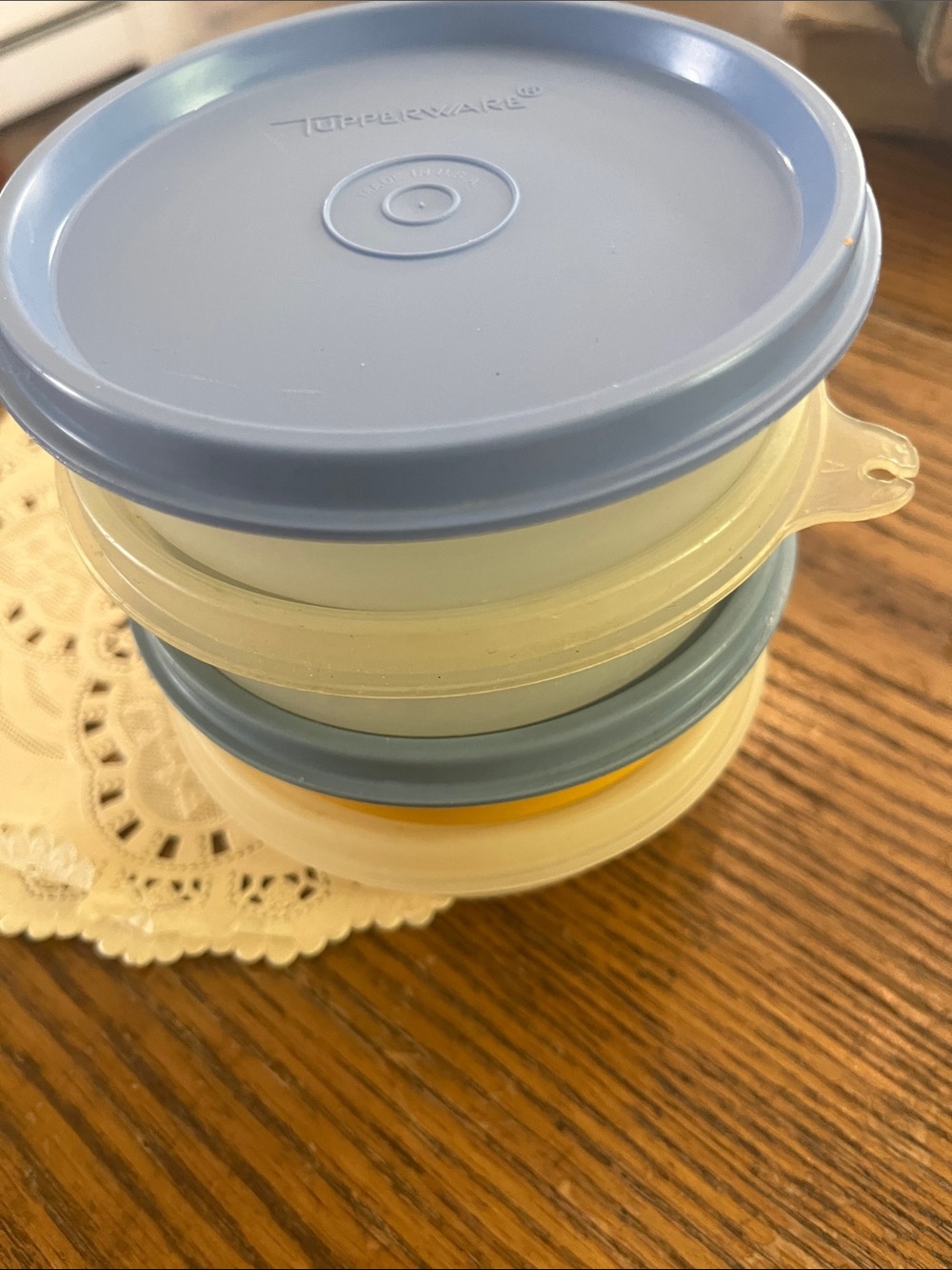 Tupperware Round Stackable Food Containers - Light Blue & Yellow Accents